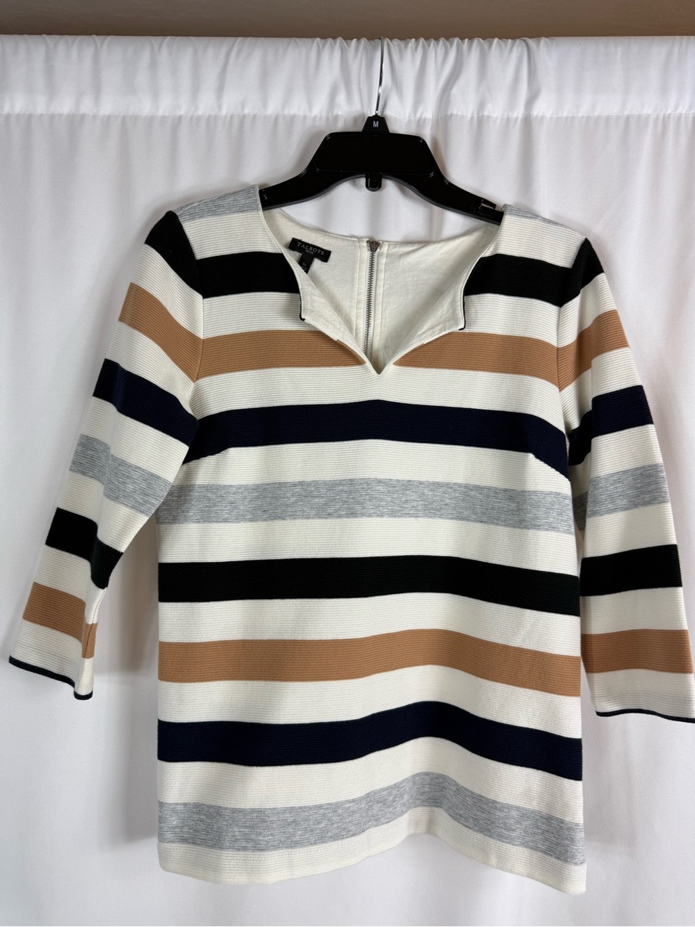 Talbots Striped Knit Top in White, Navy, Camel, Black & Gray size: SP